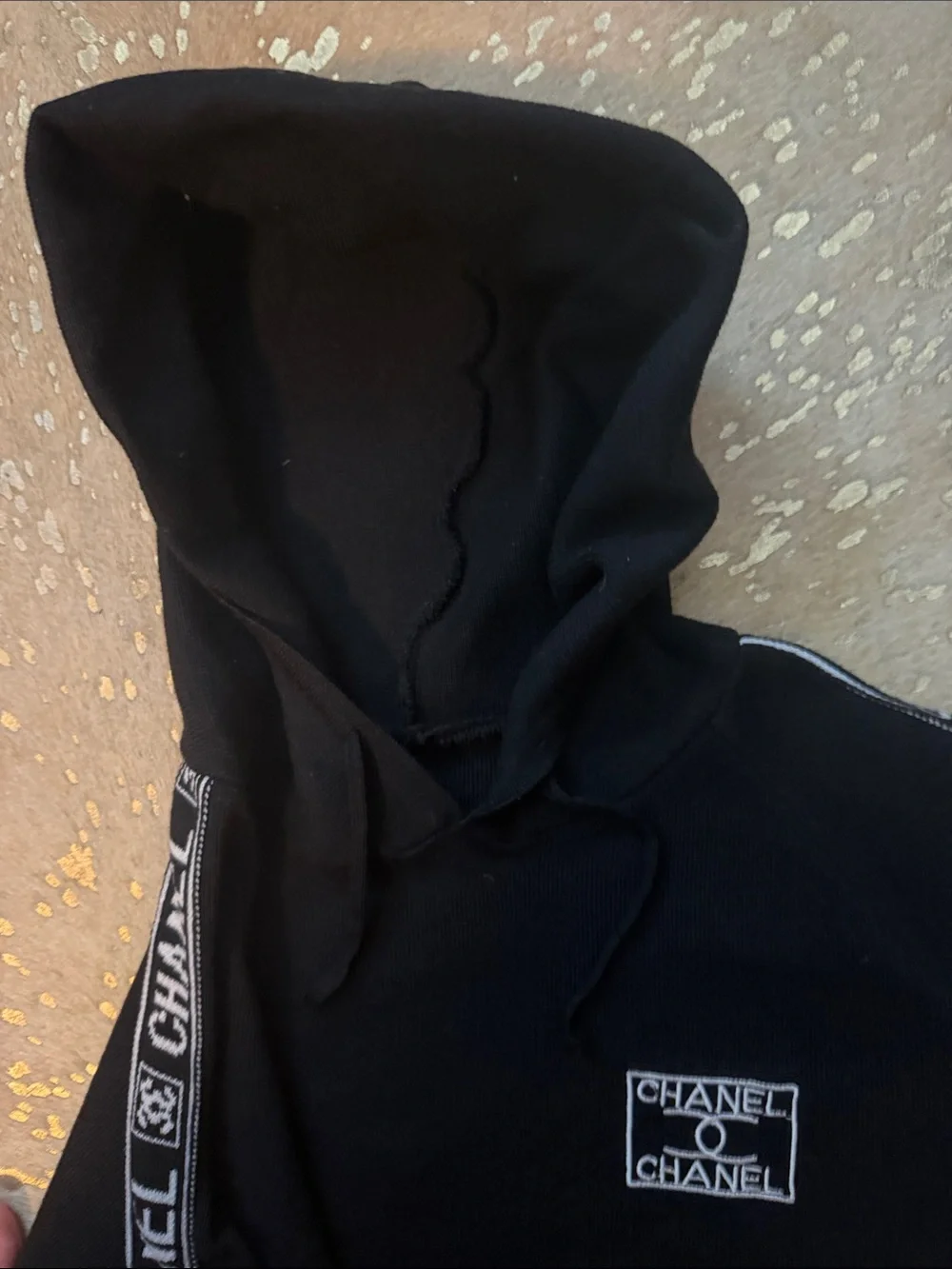 CHANEL Black Logo Tape Hoodie & Joggers Sweater Set